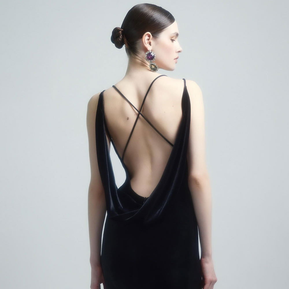 Black Camisole Backless Slim Fit Golden Floral Dress Maxi Dress Dress Batch