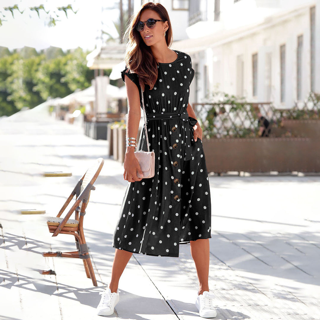 Polka Dot Tie-Waist Button Front Pocket Midi Dress