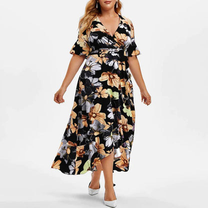 Plus Size Floral Print Wrap Flutter Sleeve Ruffled High-Low Maxi Dress