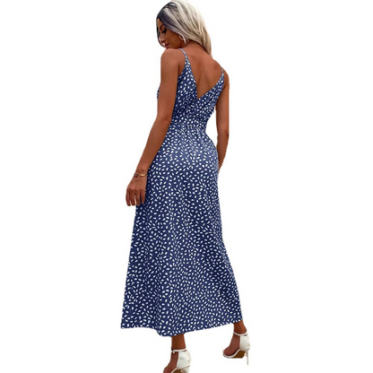 Spaghetti Strap Wrap V-Neck High Split Ditsy Print Maxi Dress