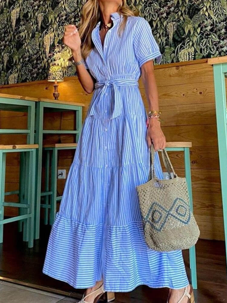 Collared Button Front Tie Waist Tiered Stripe Print Maxi Shirt Dress