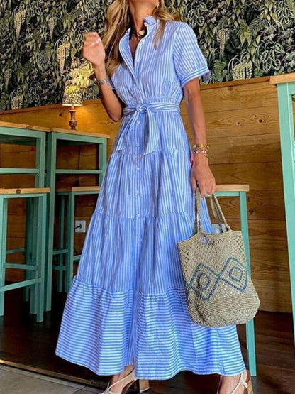 Collared Button Front Tie Waist Tiered Stripe Print Maxi Shirt Dress