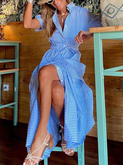 Collared Button Front Tie Waist Tiered Stripe Print Maxi Shirt Dress