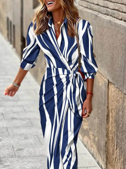 Collared Wrap Tie Waist Zebra Stripe Print Long Sleeve Midi Dress