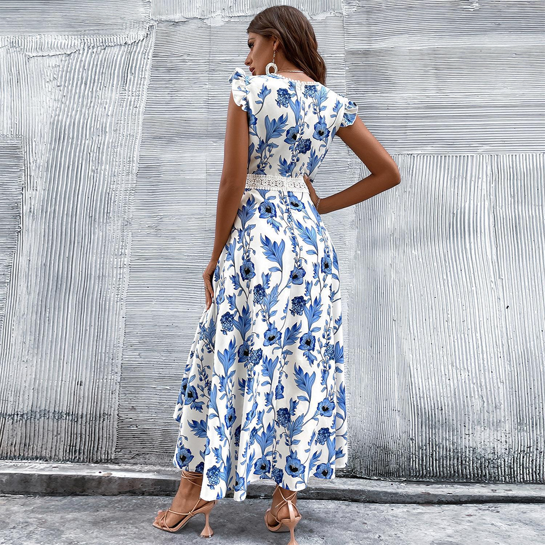 Floral Print V-Neck Ruffle Shoulder Crochet Lace Waist Asymmetrical Midi Dress