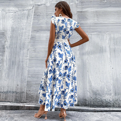 Floral Print V-Neck Ruffle Shoulder Crochet Lace Waist Asymmetrical Midi Dress