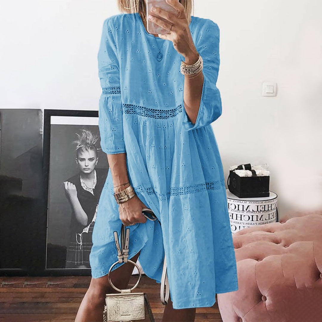 Eyelet Lace Crochet Insert Tiered Ruffle Babydoll Mini Dress