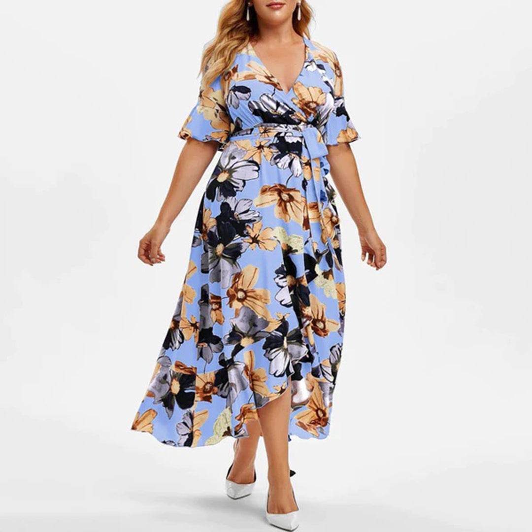 Plus Size Floral Print Wrap Flutter Sleeve Ruffled High-Low Maxi Dress