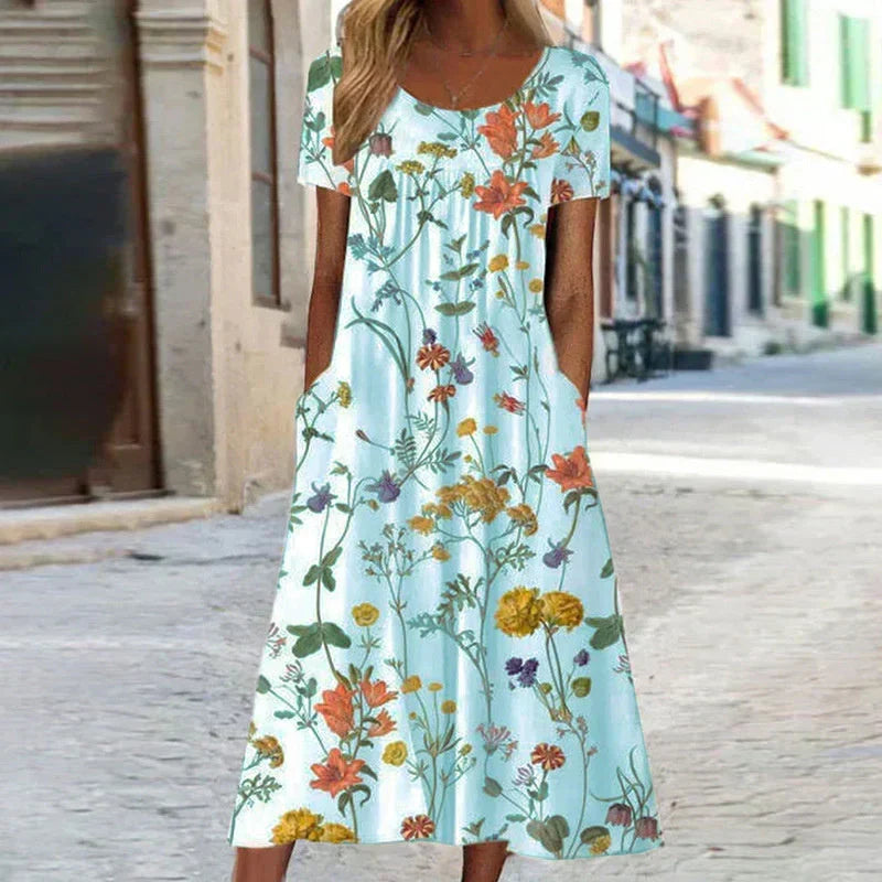 Botanical Floral Print Scoop Neck Pocket Pleated Chest Midi Dress