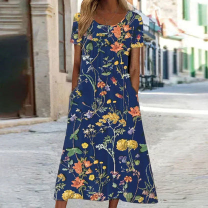 Botanical Floral Print Scoop Neck Pocket Pleated Chest Midi Dress