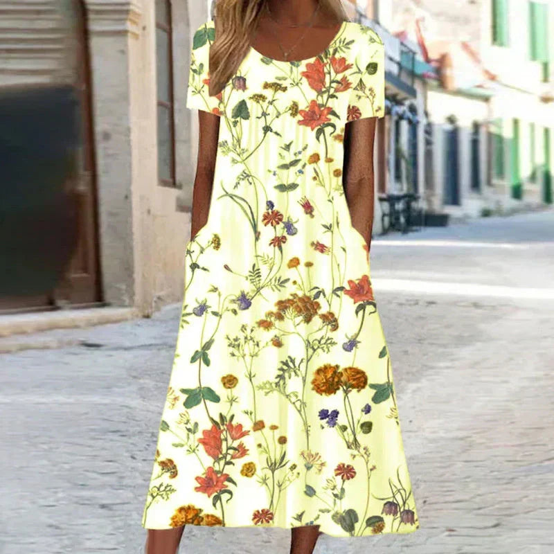 Botanical Floral Print Scoop Neck Pocket Pleated Chest Midi Dress