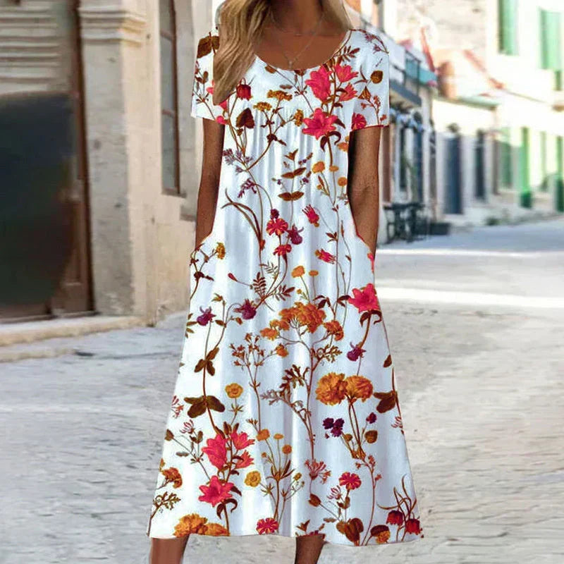 Botanical Floral Print Scoop Neck Pocket Pleated Chest Midi Dress