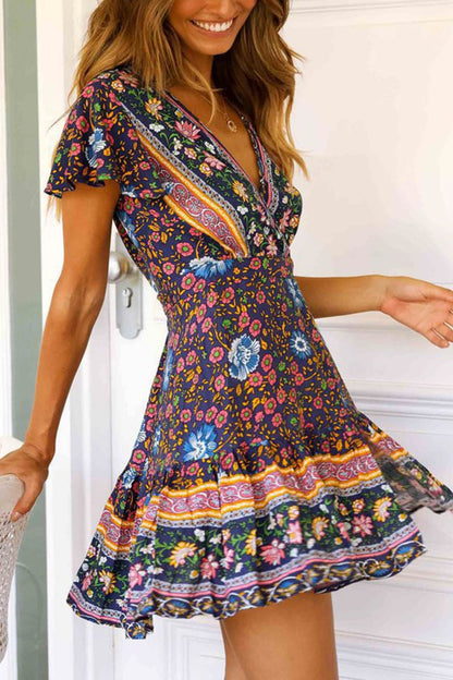 Bohemian V Neck Tie-waist Slit Mini Dress