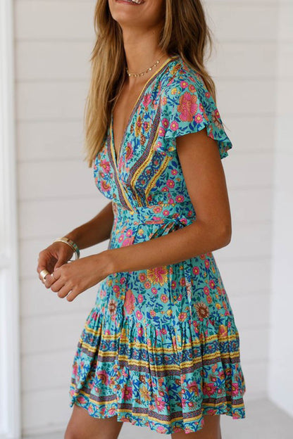 Bohemian V Neck Tie-waist Slit Mini Dress