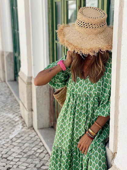 Deep V Neck Puff Sleeve Geometric Honeycomb Print Tiered Maxi Dress