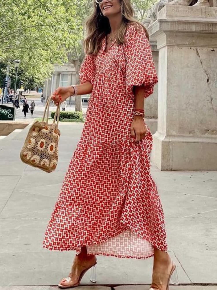 Deep V Neck Puff Sleeve Geometric Honeycomb Print Tiered Maxi Dress