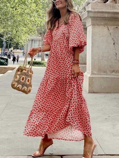 Deep V Neck Puff Sleeve Geometric Honeycomb Print Tiered Maxi Dress