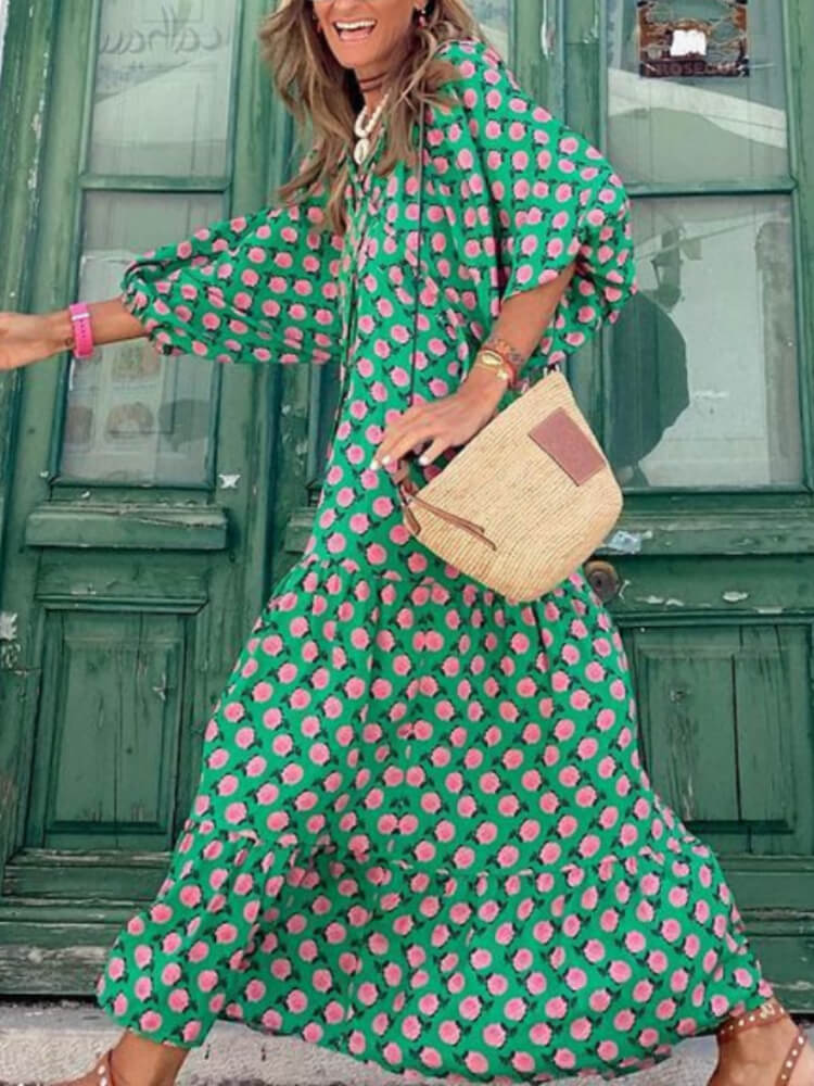 Deep V Neck Puff Sleeve Geometric Honeycomb Print Tiered Maxi Dress