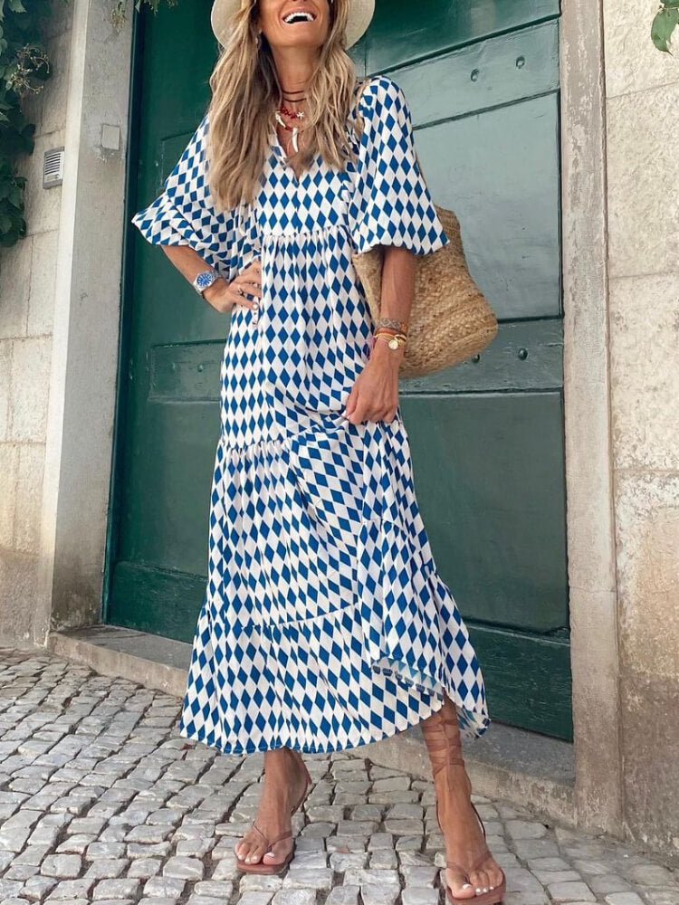 Deep V Neck Puff Sleeve Geometric Honeycomb Print Tiered Maxi Dress