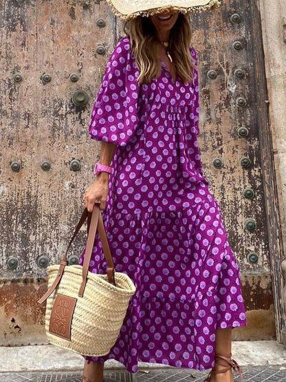 Deep V Neck Puff Sleeve Geometric Honeycomb Print Tiered Maxi Dress