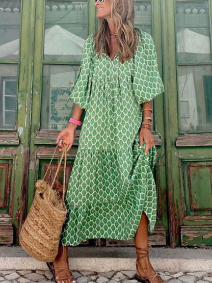 Deep V Neck Puff Sleeve Geometric Honeycomb Print Tiered Maxi Dress