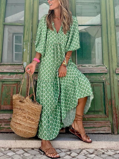 Deep V Neck Puff Sleeve Geometric Honeycomb Print Tiered Maxi Dress