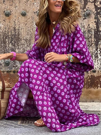 Deep V Neck Puff Sleeve Geometric Honeycomb Print Tiered Maxi Dress