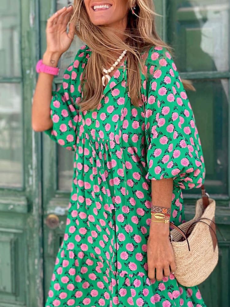 Deep V Neck Puff Sleeve Geometric Honeycomb Print Tiered Maxi Dress
