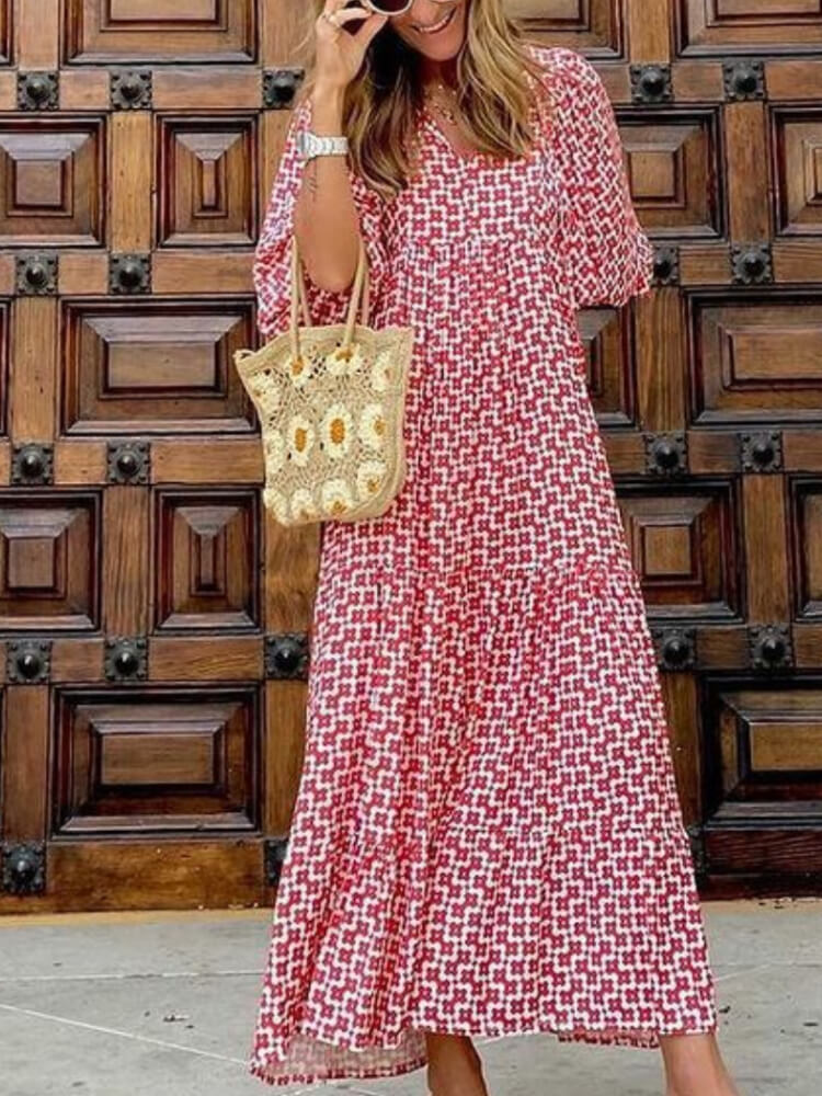 Deep V Neck Puff Sleeve Geometric Honeycomb Print Tiered Maxi Dress