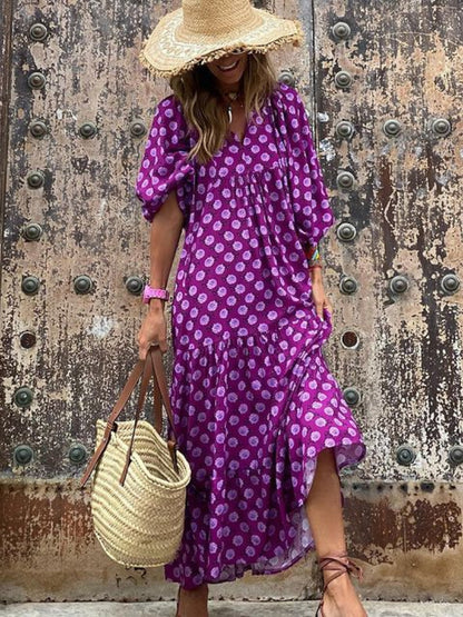 Deep V Neck Puff Sleeve Geometric Honeycomb Print Tiered Maxi Dress