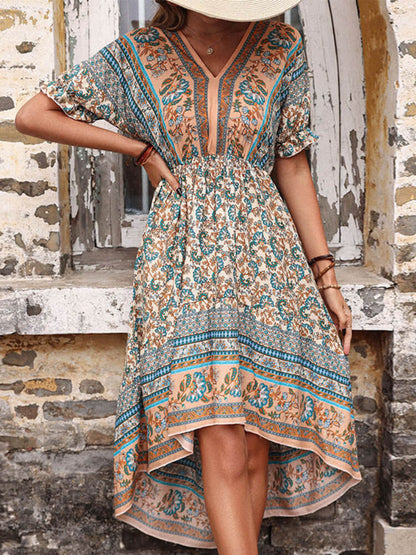 Deep V Neck Flutter Sleeve Elastic Waist High Low Boho Print Midi Dress