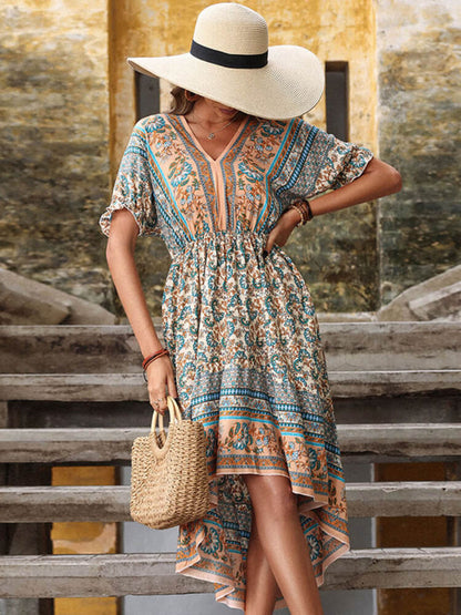Deep V Neck Flutter Sleeve Elastic Waist High Low Boho Print Midi Dress