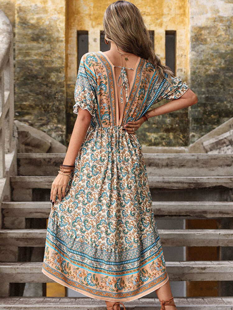 Deep V Neck Flutter Sleeve Elastic Waist High Low Boho Print Midi Dress