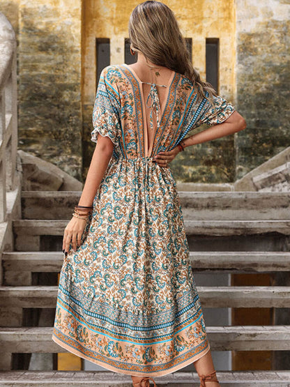 Deep V Neck Flutter Sleeve Elastic Waist High Low Boho Print Midi Dress