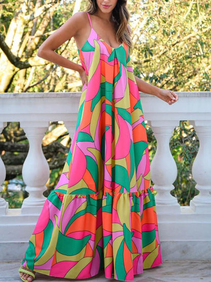 Spaghetti Strap Deep V-Neck Tiered Ruffle Abstract Print Maxi Dress