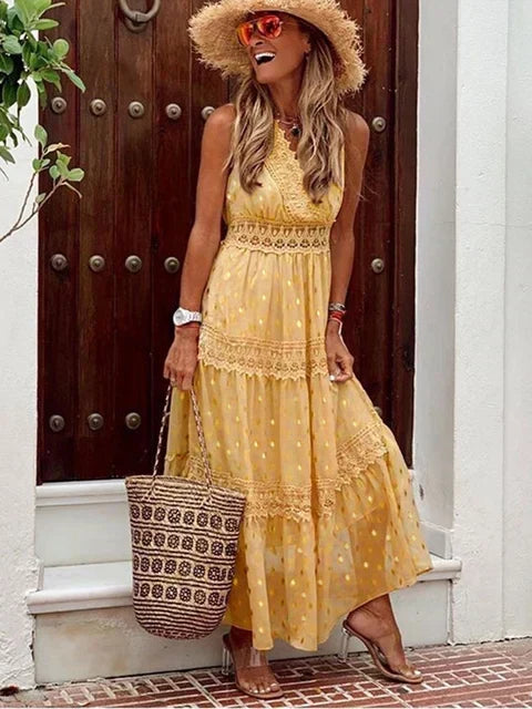 Lace Insert V-Neck Swiss Dot Tiered Crochet Trim Boho Maxi Dress
