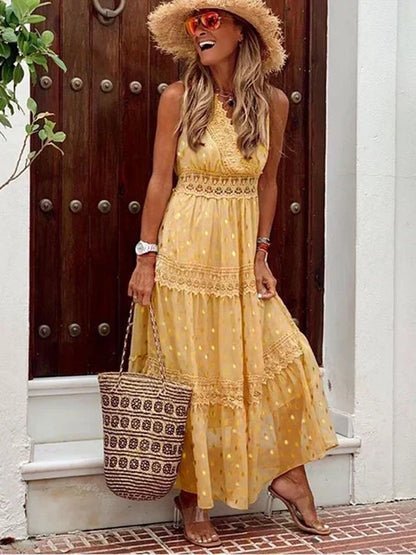 Lace Insert V-Neck Swiss Dot Tiered Crochet Trim Boho Maxi Dress