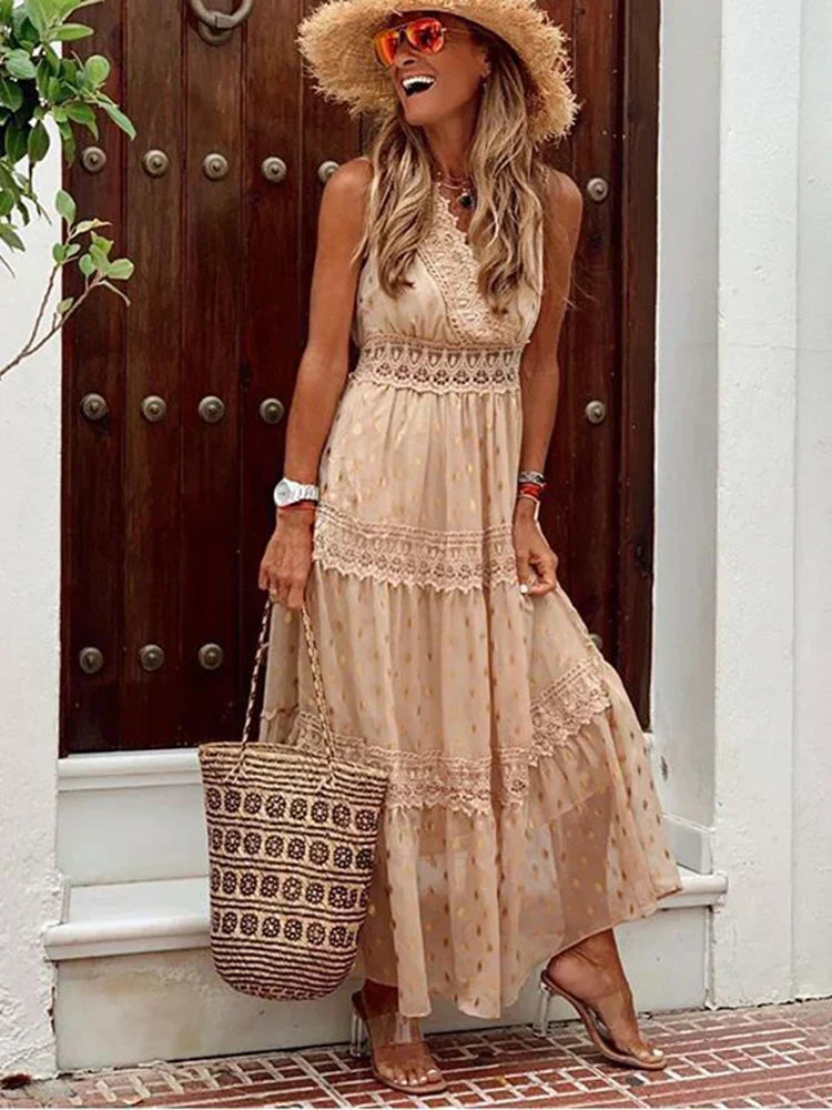 Lace Insert V-Neck Swiss Dot Tiered Crochet Trim Boho Maxi Dress