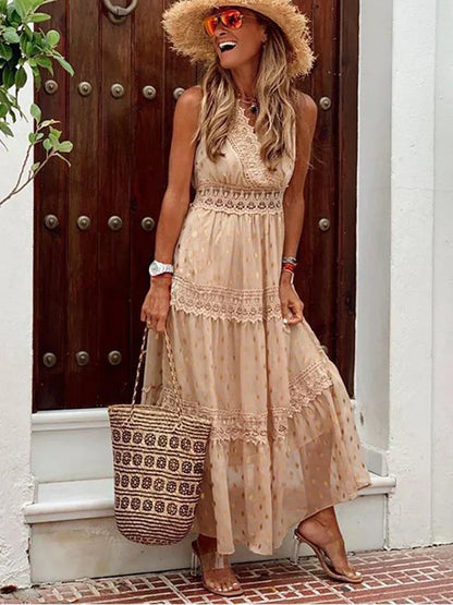 Lace Insert V-Neck Swiss Dot Tiered Crochet Trim Boho Maxi Dress