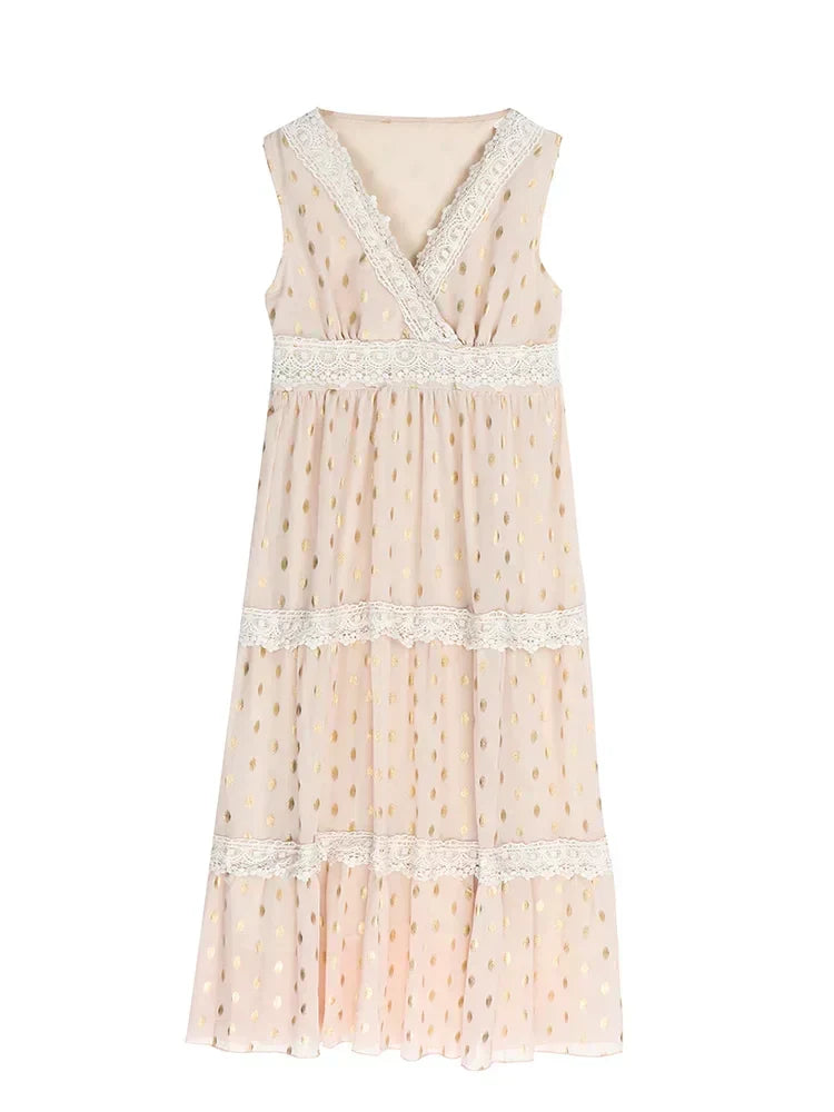 Lace Insert V-Neck Swiss Dot Tiered Crochet Trim Boho Maxi Dress