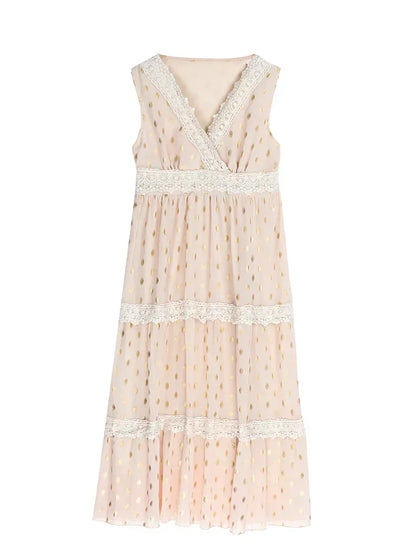 Lace Insert V-Neck Swiss Dot Tiered Crochet Trim Boho Maxi Dress