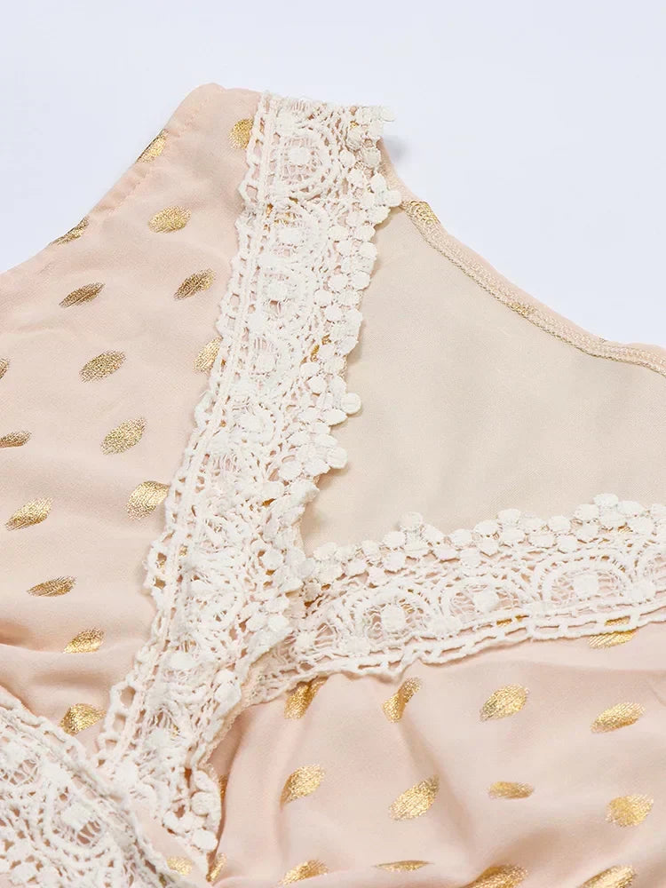 Lace Insert V-Neck Swiss Dot Tiered Crochet Trim Boho Maxi Dress