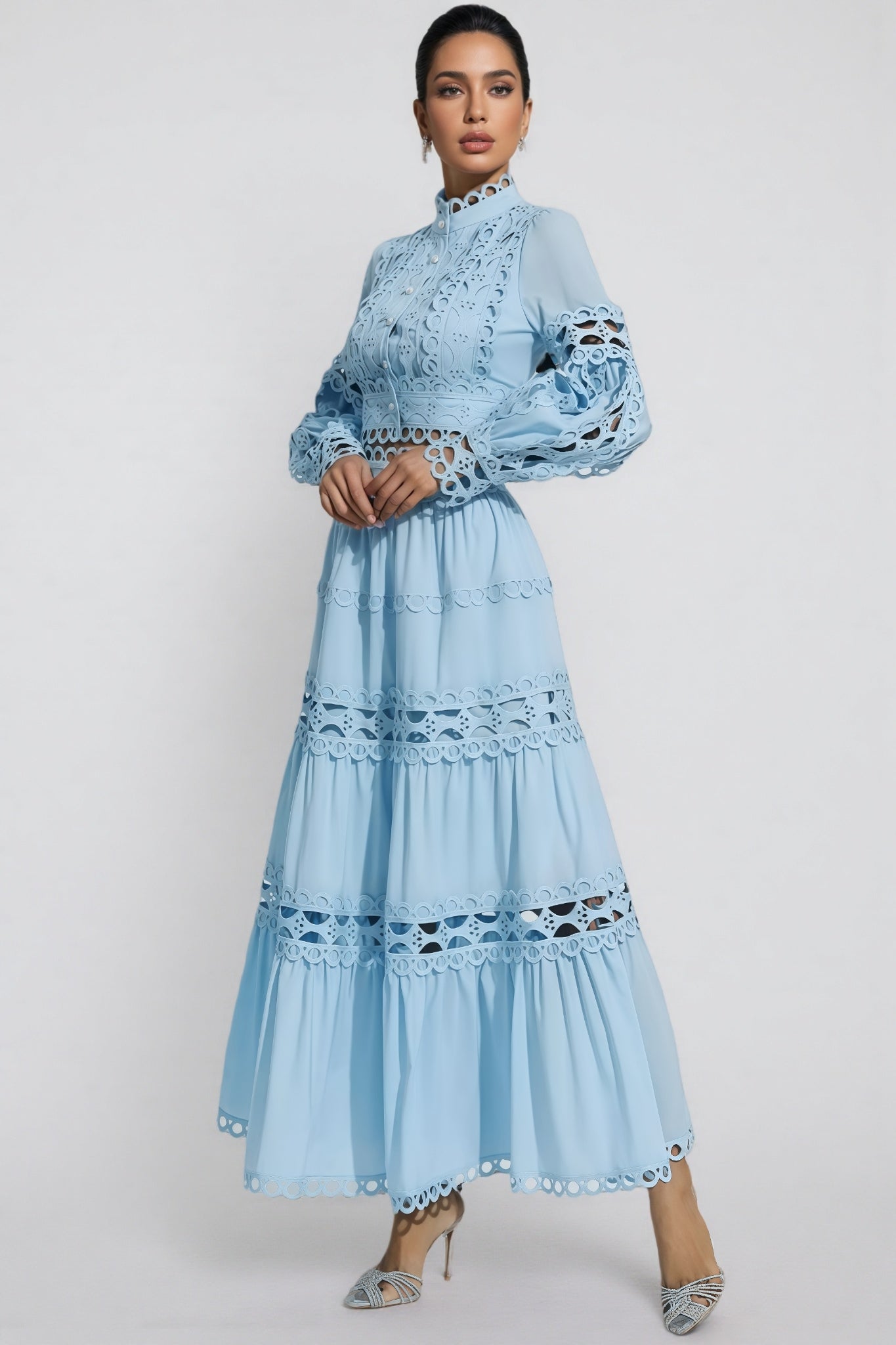 Lysd Blue Lace Hollow Maxi Dress Set