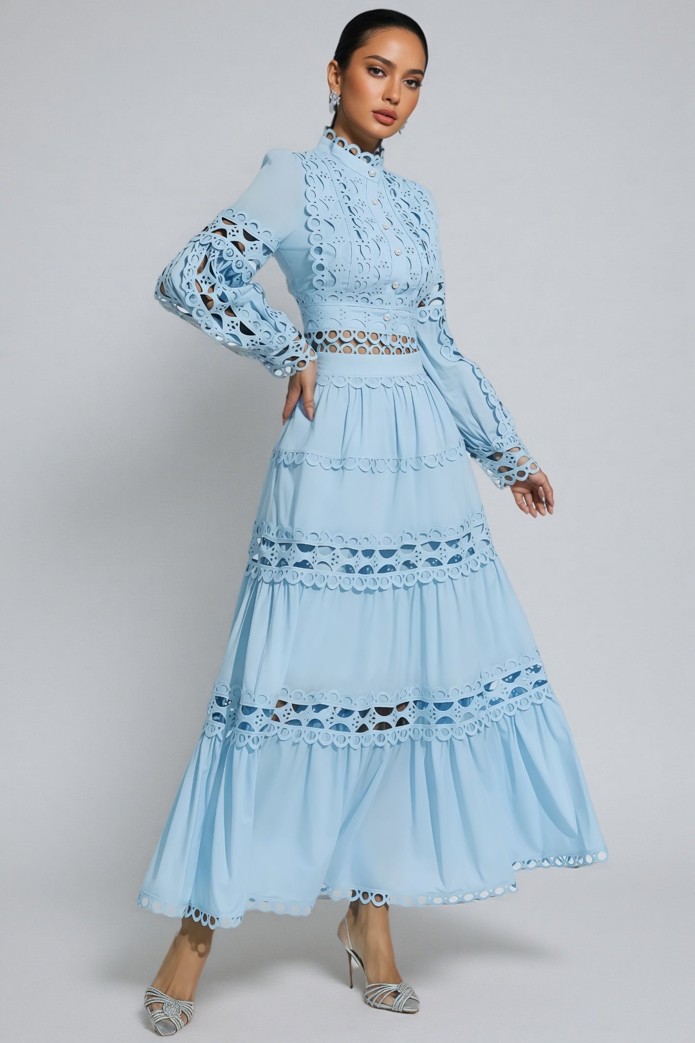 Lysd Blue Lace Hollow Maxi Dress Set