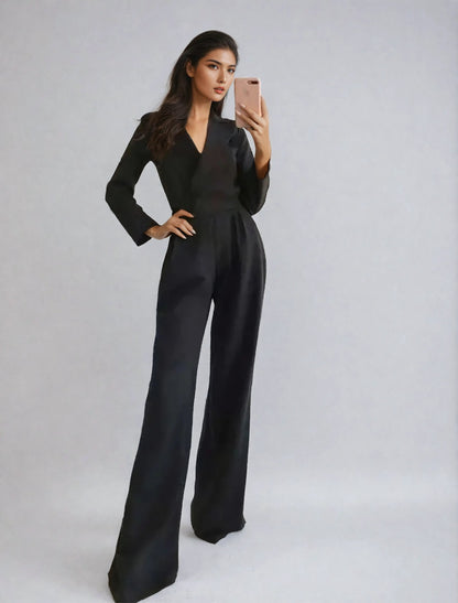 | Long Sleeve Wide-Leg Jumpsuit, V-Neckline