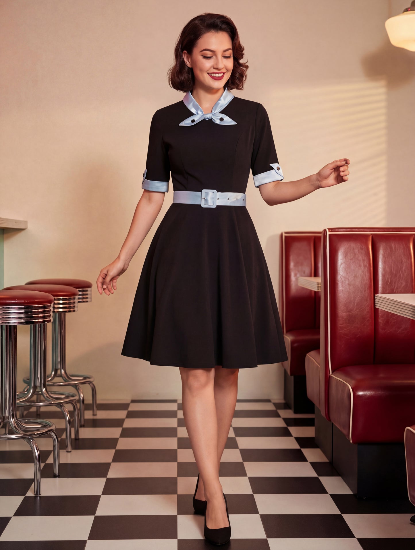 Vintage Dress 1950s Yellow Two-Tone Bows Short Sleeves Embellished Collar Medium Swing Dress
