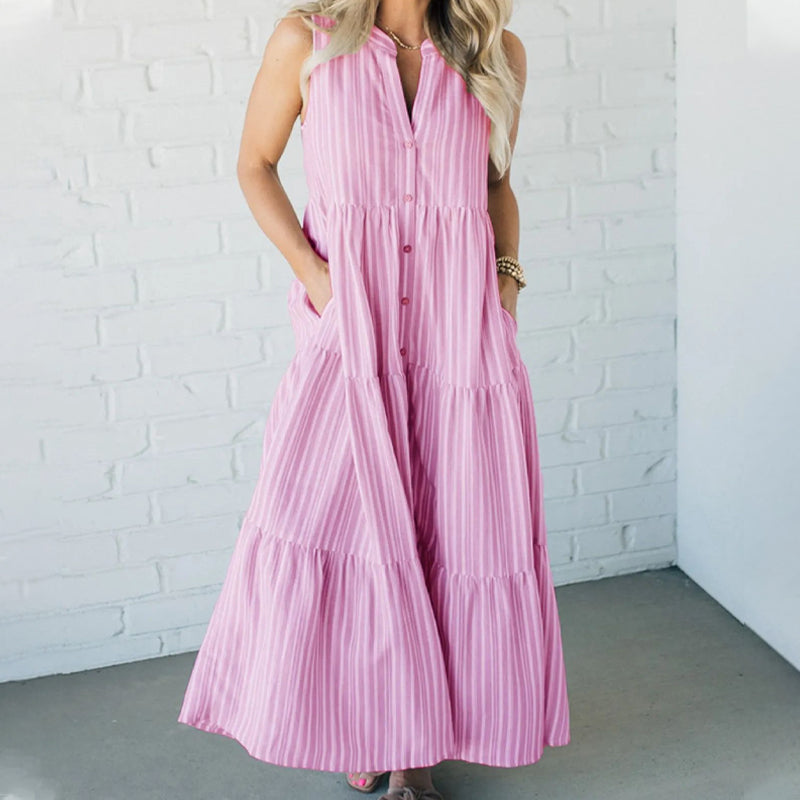 | Tiered Stripe Sleeveless Maxi Dress