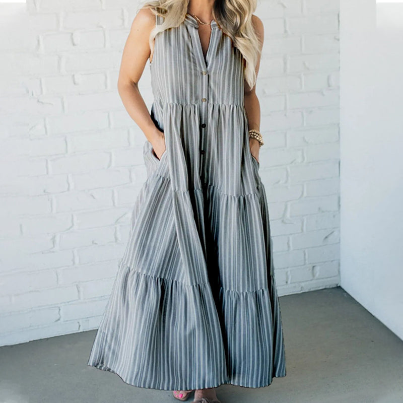 | Tiered Stripe Sleeveless Maxi Dress