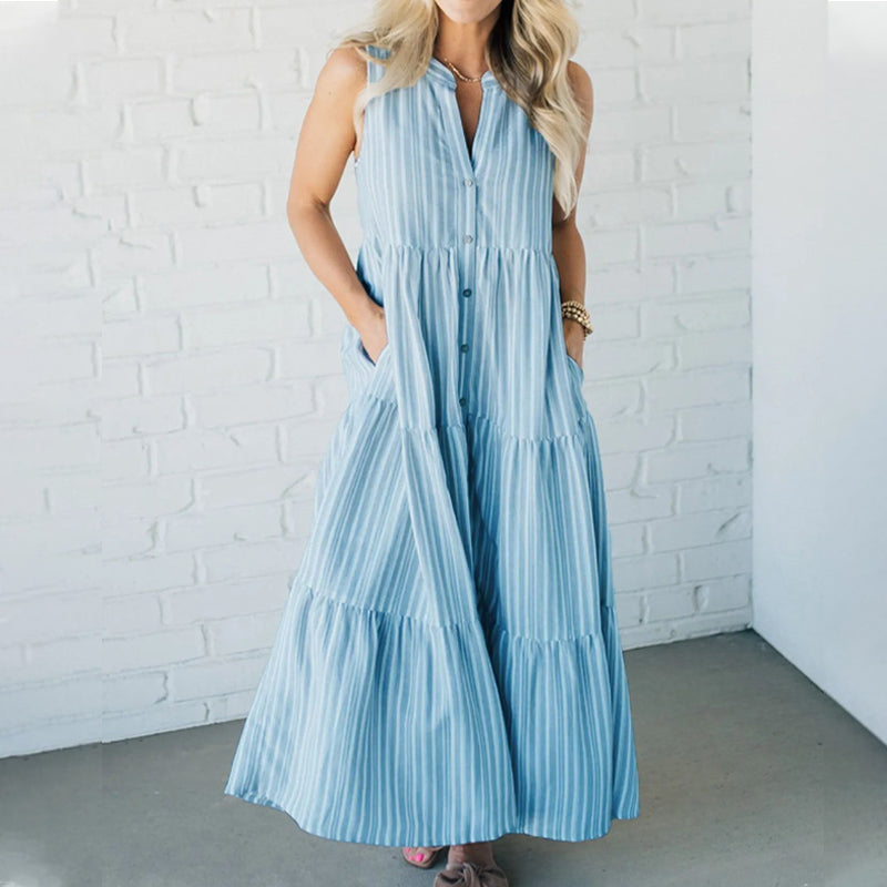 | Tiered Stripe Sleeveless Maxi Dress
