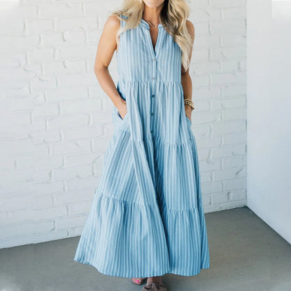 | Tiered Stripe Sleeveless Maxi Dress